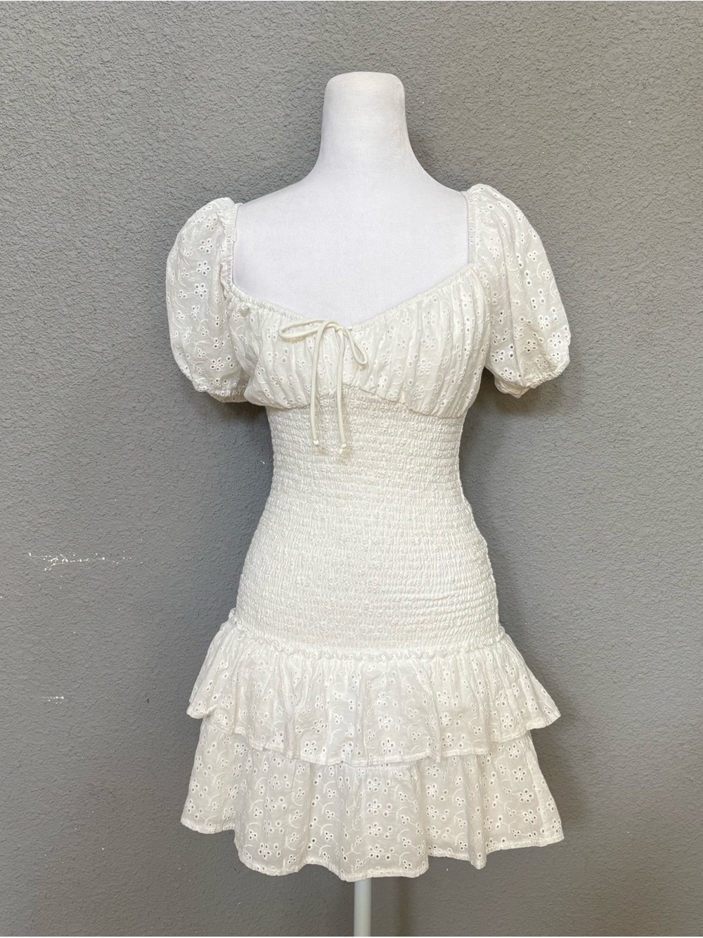Smocked Ivory Eyelet Puff-Sleeve Mini Dress